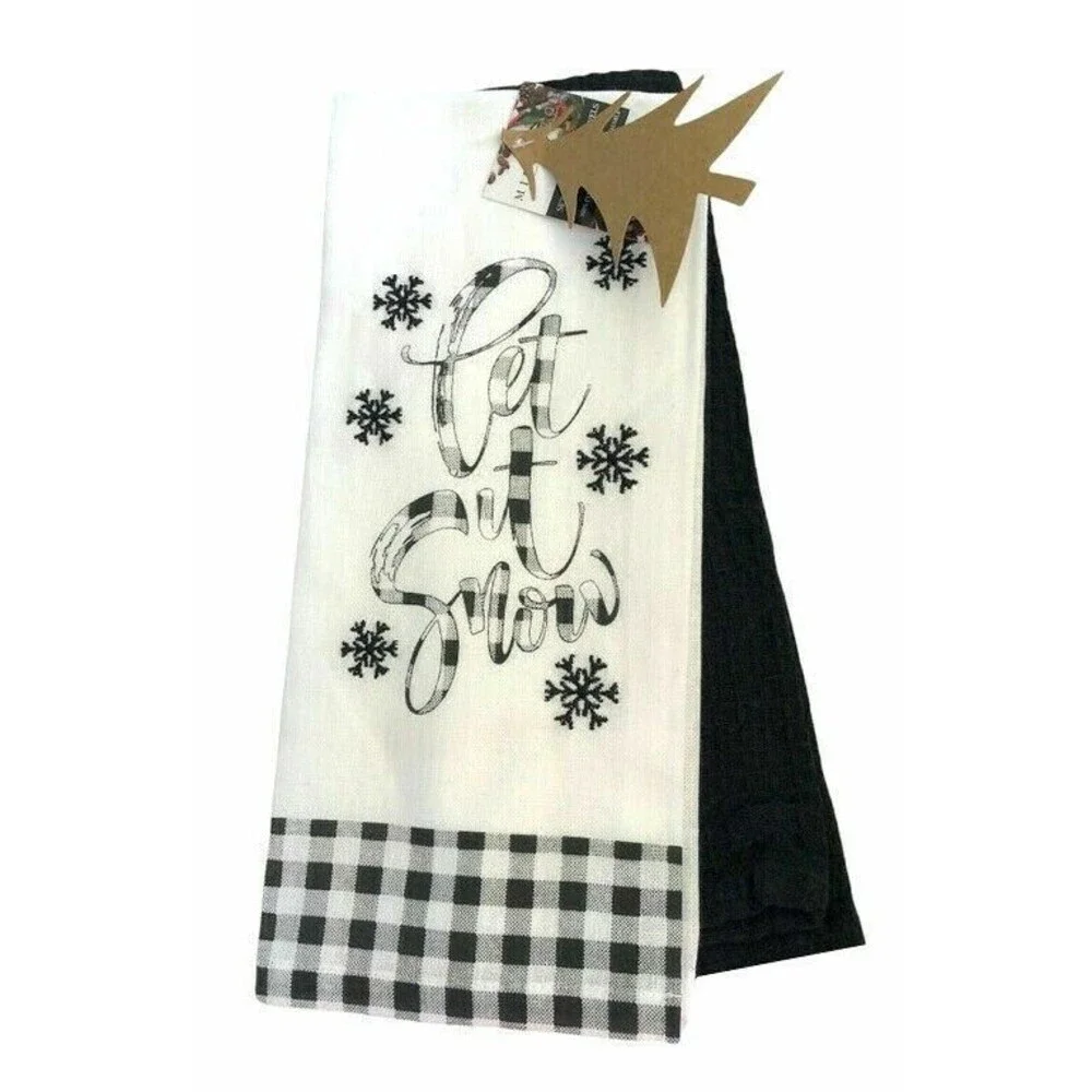 Christmas Dish Towels Set of 2 Let It Snow Snowflakes Embroidered Buffalo Check